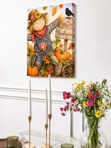 NuYeBiofx Farm Pumpkin Happy Thanksgiving Canvas Wall Art Prints,48"x32" Framed Picture Artwork Cartoon Straw Man Printed Canvas Oil Painting for Living Room Bedroom Office,Ready to Hang