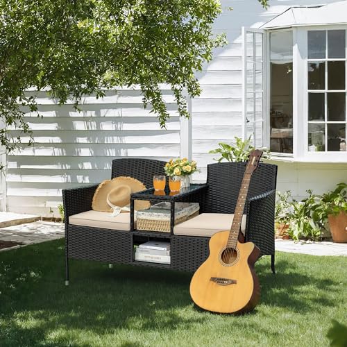 Patio Loveseat Outdoor Wicker Furniture Conversation Set with Soft Cushions & Built-in Coffee Table for Lawn Garden Backyard, Beige