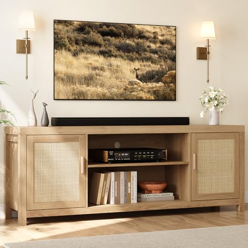 Rattan TV Stand 66In for 75 inch Natural Oak, view 2