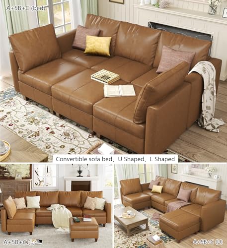 Faux Leather Modular Sleeper Couch Sectional Sofa Bed with Storage,Convertible Faux Leather Sectional Sofa,Brown