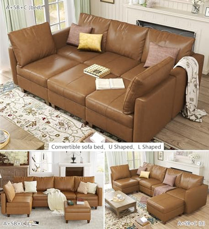 Faux Leather Modular Sleeper Couch Sectional Sofa Bed with Storage,Convertible Faux Leather Sectional Sofa,Brown