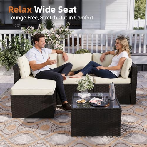 Patio Furniture Set 5-Piece, Outdoor Sectional Sofas with Washable Cushion, Wicker Rattan Patio Conversation Sets for Backyard Porch and Poolside
