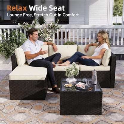 Patio Furniture Set 5-Piece, Outdoor Sectional Sofas with Washable Cushion, Wicker Rattan Patio Conversation Sets for Backyard Porch and Poolside