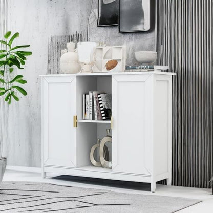 White Buffet Cabinet with Storage,Wooden Narrow Sideboard Entryway Cabinets,Modern White Cabinet with Doors Credenza