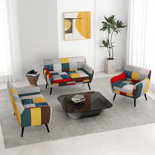 Modern Colorful 3 Piece Coroful Fabric Sofa Set, Included Accent Chair and Boho 2 Loveseat, Linen Patchwork Plaid Couches with Rubberwood Legs and Removable Upholstered for Living Room