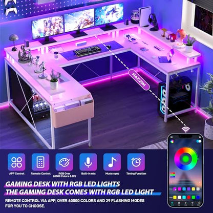 U-Shaped Computer Desk with Power Outlets & LED Lights 79 Inch Reversible, view 5