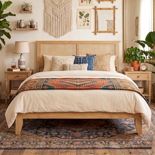 GAOMON Full Size Wood Bed Frame with LED Light and Rattan Headboard, view 8