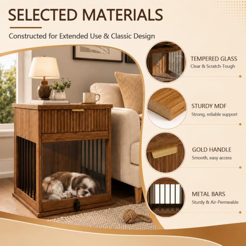 3-in-1 Dog Crate End Table with Charging Station & Drawer (Antique Brown), view 7