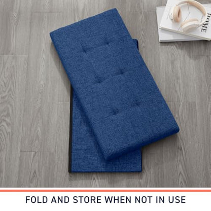 Folding Storage Ottoman, 30 Inch Large Storage Bench with Lid, Foot Rest Stool for Bedroom, Living Room, Entryway, Tufted Linen Upholstered - Navy Blue