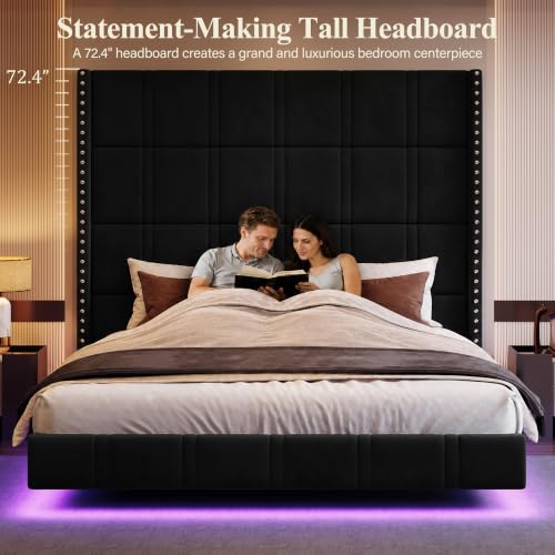 Queen Floating Bed Frame with 72.44" Extra-Tall Headboard, Black, view 4
