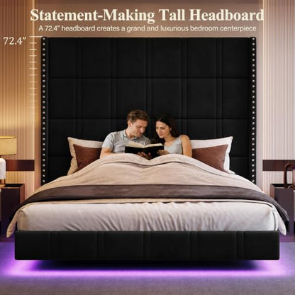 Queen Floating Bed Frame with 72.44" Extra-Tall Headboard, Black, view 4