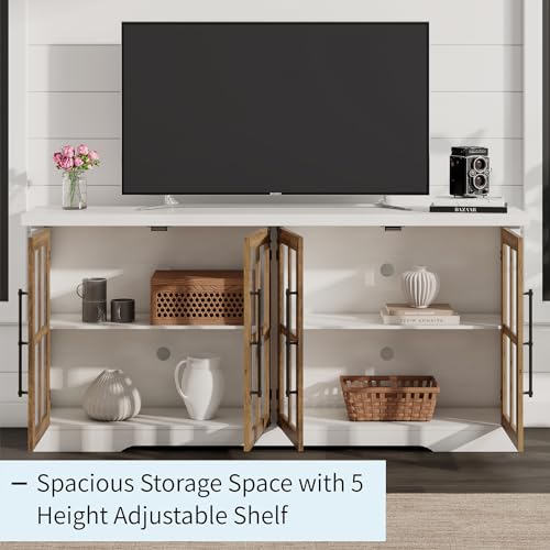 63" Farmhouse TV Stand with 4 Glass Doors, Modern Buffet Sideboard Cabinet with Storage, Entertainment Center with Adjustable Shelf for TV's up to 75", White/Barnwood
