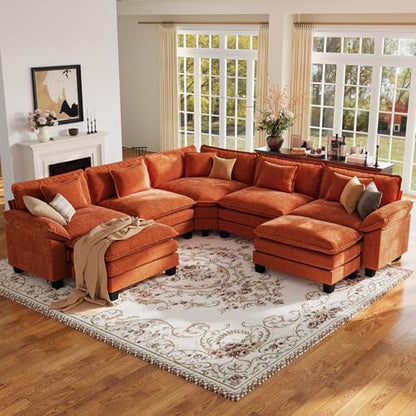 117" Oversized Modular Sectional Sofa with Corner, Comfy V-Shaped Cloud Couch w/ 2 Ottomans, 7-Seater Chenille Deep Seat Modern Sofa Couch for Living Room, DIY Combination, Terracotta Orange