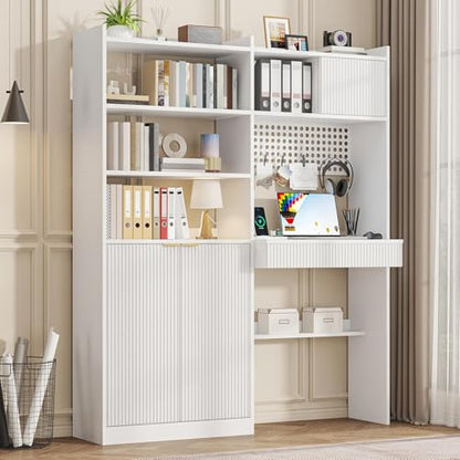 63" Tall Computer Desk with Hutch, Fluted Wood Computer Desk, Featuring Charging Station, Drawer and Storage Cabinet, for Home Office Work and Study (White)