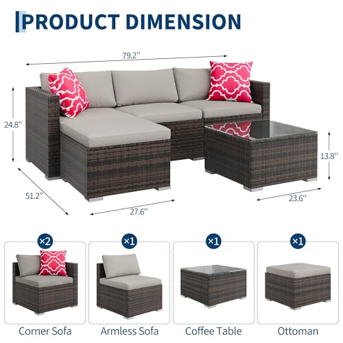 5-Piece Outdoor Sectional Sofa Set, All-Weather PE Rattan Patio Furniture with Ottoman & Tempered Glass Table, Convertible Garden Couch for Backyard, Porch, Poolside (Brown/Light Gray)