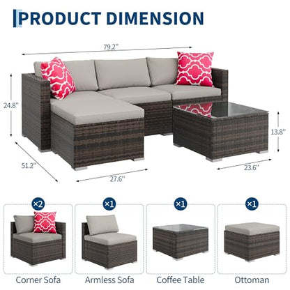 5-Piece Outdoor Sectional Sofa Set, All-Weather PE Rattan Patio Furniture with Ottoman & Tempered Glass Table, Convertible Garden Couch for Backyard, Porch, Poolside (Brown/Light Gray)