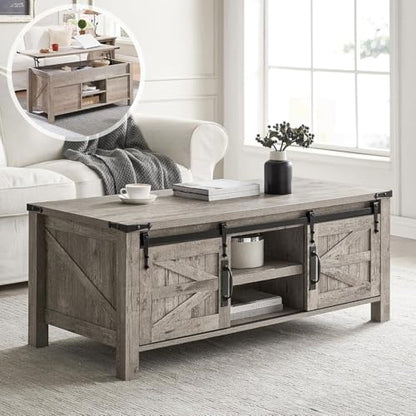 48" Farmhouse Lift Top Coffee Table with Sliding Barn Door,Rustic Center Table w/Hidden Storage Compartment, Lift Tabletop Dining Table w/Adjustable Shelf for Living Room,Light Rustic Oak