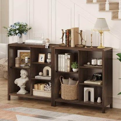 5 Cube Bookshelf, Wood Bookcase with 3 Adjustable Shelves, Farmhouse Cube Storage Organizer Shelf for Small Space Bedroom Living Room (Dark Walnut)