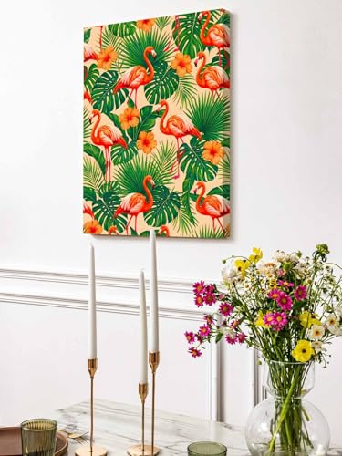 NuYeBiofx Summer Beach Pink Flamingo Canvas Wall Art Prints,48"x32" Framed Picture Artwork Green Tropical Leaves Printed Canvas Oil Painting for Living Room Bedroom Office,Ready to Hang