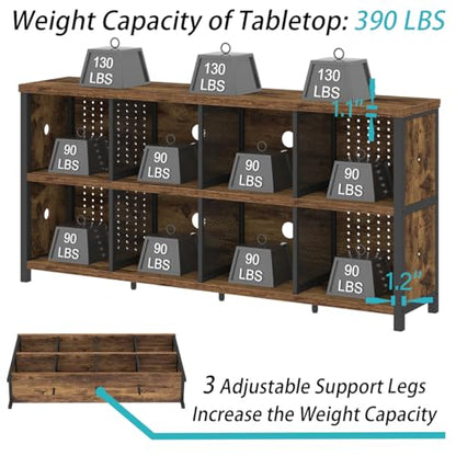 Rustic Horizontal Bookshelf, Industrial Bookcase Cube Storage Organizer, Wide Large Metal Wooden Office Cube Shelf, Farmhouse Low Long Book Shelf for Home Bedroom Living Room, Rustic Brown, 63 in