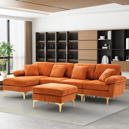 U-Shaped Sectional Sofa Couch, 4 Seat Sofa Set for Living Room, Convertible L-Shaped Velvet Couch Set with Chaise Lounge, Ottoman and Pillows,114 inches (Orange)