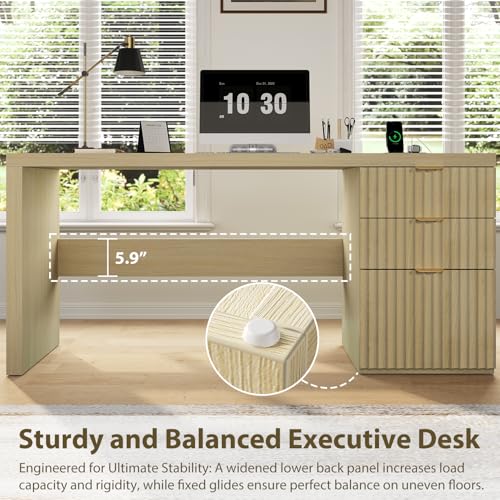 60" Fluted Executive Desk with Ample File Drawer & Large Charging Station, Wood Modern Home Office Desk with Storage, Computer Writing Desk for Work, Living Room, Bedroom, Durable & Sturdy, Natural