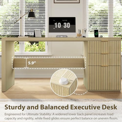 60" Fluted Executive Desk with Ample File Drawer & Large Charging Station, Wood Modern Home Office Desk with Storage, Computer Writing Desk for Work, Living Room, Bedroom, Durable & Sturdy, Natural