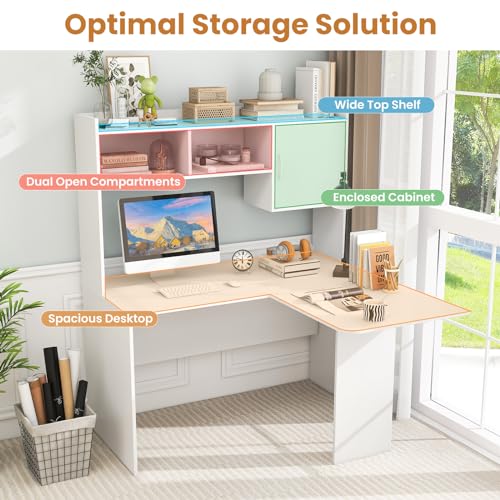 L Shaped Desk with Hutch, White Corner Desk with Storage Shelf & Cabinet, view 5