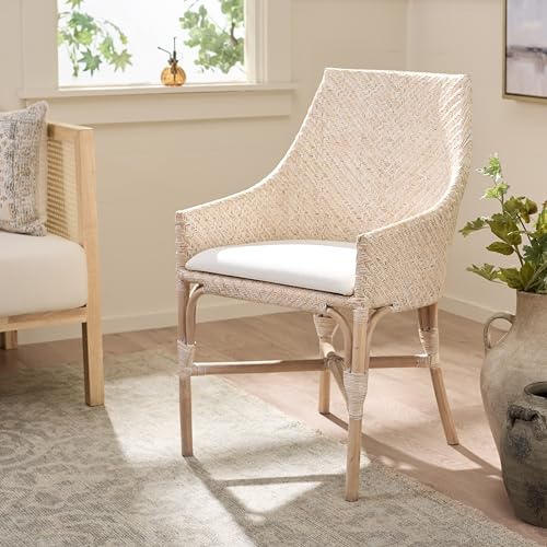 SAFAVIEH Home Collection – Rikan White Washed Rattan Arm Chair with Ivory Seat Cushion, Modern Curved Silhouette, Fully Assembled (ACH4907A)