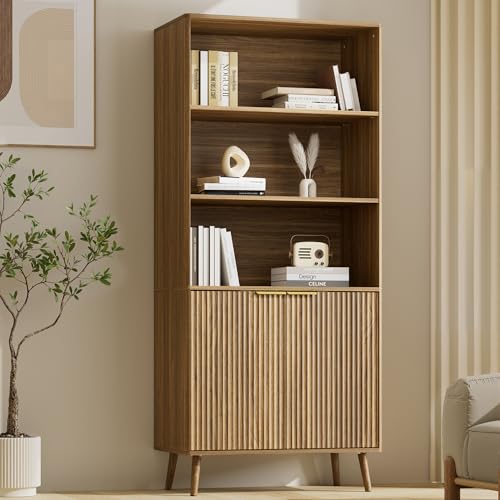 Walnut Bookshelf, 70.9" Tall Book Shelf, 5-Tier Bookcase with Fluted Doors and Adjustable Shelves, Wooden Storage Cabinet for Living Room, Office(Walnut, 1PC)
