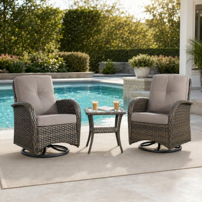 3-Piece Wicker Patio Furniture Set, Swivel Rocking Chairs, Brown/Grey | PE wicker, steel frame, 5mm tempered glass table, 4-inch cushions, 360-degree swivel, 250lbs capacity, garden use
