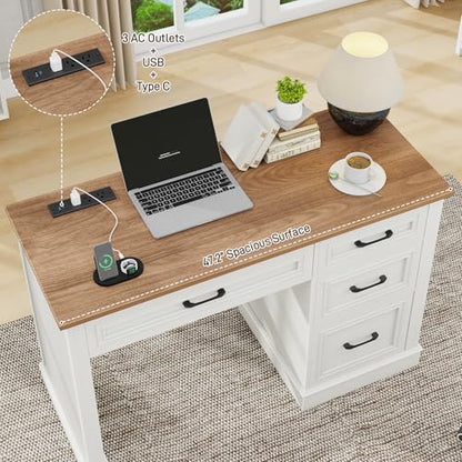 Farmhouse 47" Executive Desk, Computer Desk with Drawers and File Drawer, Workstation Computer Desk with Charging Station for Home Office,Study,Unique White.