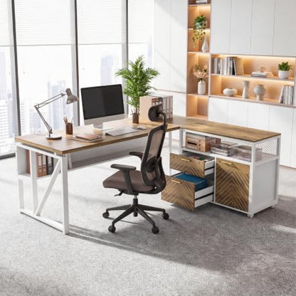 63" Executive Desk with Drawer Cabinet, L-Shaped Desk, Walnut, view 7