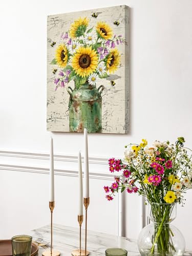 NuYeBiofx Summer Sunflower Daisy Flower Canvas Wall Art Prints,40"x28" Framed Picture Artwork Rustic Bee Retro Mottled Texture Printed Canvas Oil Painting for Living Room Bedroom Office,Ready to Hang