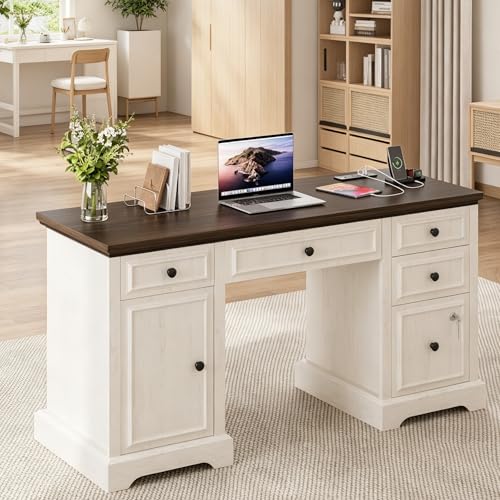 59" Executive Desk, Farmhouse Computer Desk with Drawers, Lockable File Drawer, Storage Cabinet & Power Outlet, Rustic Home Office Desk, Workspace for Work Study Writing, White