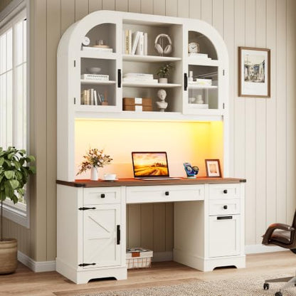 Farmhouse Computer Desk with Hutch, 83 inch Height Office Desk with Drawers, view 2