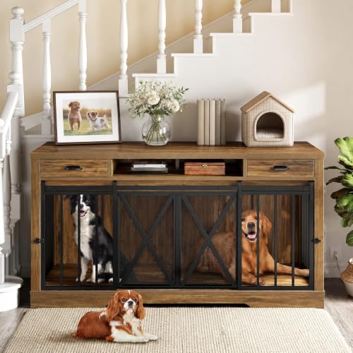 63" Double Dog Crate TV Stand with Charging Station for 2 Dogs, view 4