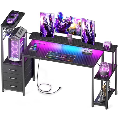 55 Inch Gaming Desk with Bluetooth LED Lights & Power Outlets,Computer Desk with Fabric Drawers & Hooks,Reversible Gamer Table with Monitor Stand for Game Room,Home Office,Carbon Fiber Black