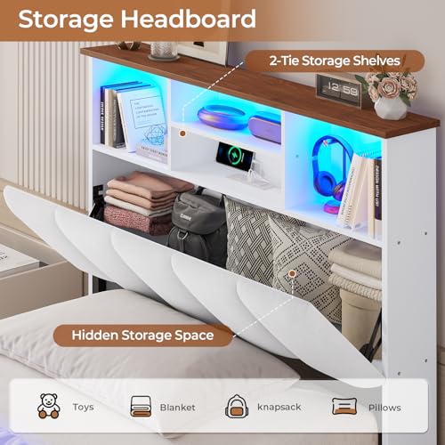 Twin Size Bed Frame with Storage Headboard & 4 Drawers, LED Lights, White, view 4