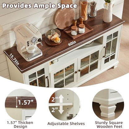60-Inch Sideboard Buffet Cabinet with Glass Doors,White, view 5