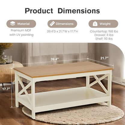 Farmhouse Coffee Table for Living Room, White Coffee Tables with Storage Rustic Style Modern