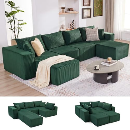 Cloud Couch Sectional, Modular Sofa with Deep Seat, Plush Corduroy U Shaped Boneless Couch, Convertible Sectional Couches for Living Room (Green, 4 Seater & 2 Ottomans)