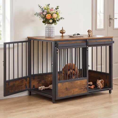 Dog Crate Furniture with 2 Doors, 32.5" Wooden Kennel with Mat, view 3