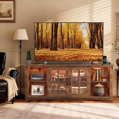 Farmhouse LED TV Stand with Power Outlet for 65 Inch TV, Brown, view 4