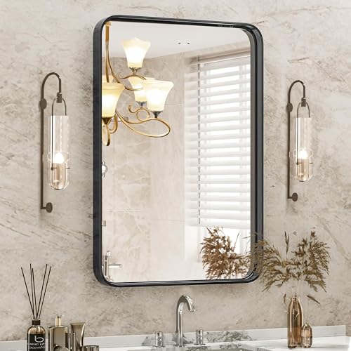 Black Metal Framed Vanity Rounded Rectangle Bathroom Mirrors for Over Sink Wall, view 2