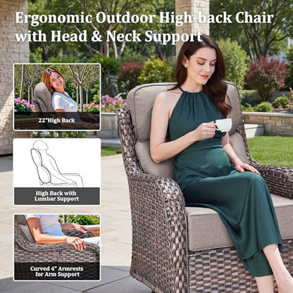 Luxury High Back Patio Furniture Set with 6-Inch Thick Cushions, 4-Pieces Outdoor Furniture with Swivel Chairs Fire Pit, Wicker Conversation Set for Porch, Balcony, Deck and Yard, Brown/Grey