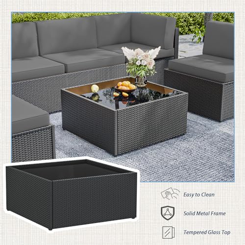 7 Piece Outdoor Patio Furniture Set, Outdoor Sectional Conversation Furniture Chair with Coffee Table,Patio Sectional for Garden,Backyard(Grey Cushions and Black PE Rattan)