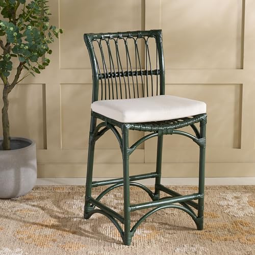 SAFAVIEH Furniture - Zorianna 23.6" Seat Height Counter Stool - White & Forest Green - Handwoven Rattan Design - Fully Assembled - Ideal for Kitchen, Dining Room & Kitchen Island (BST6508D)