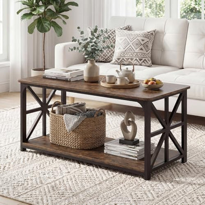 Farmhouse Coffee Table, 43" Center Table with Storage & X-Shaped Frames, 2-Tier Modern Accent Cocktail Tea Table, Rectangular Wood Living Room Tables for Small Spaces, Rustic Brown