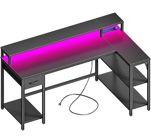 53 inch Reversible L Shaped Desk with LED Lights & Power Outlets, Computer Desk with Shelves & Monitor Stand, Gaming Desk with Drawer, Home Office Desk, Carbon Fiber Black